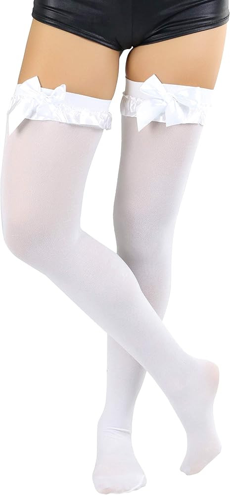 ToBeInStyle Women's Nylon Satin Ruffle & Trim Bow Opaque Thigh Highs | Amazon (US)
