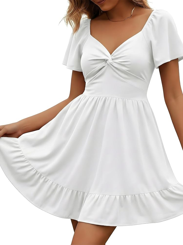ECOWISH Twist Front Mini Summer Dresses for Women Short Flutter Sleeve Casual Flowy V Neck Tie Ba... | Amazon (US)