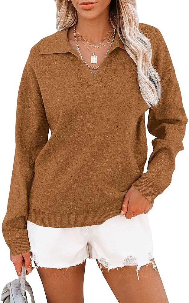 YAKITA Women's Collared Knit Sweater V Neck Long Sleeve Loose Fit Oversized Pullover Tops | Amazon (US)