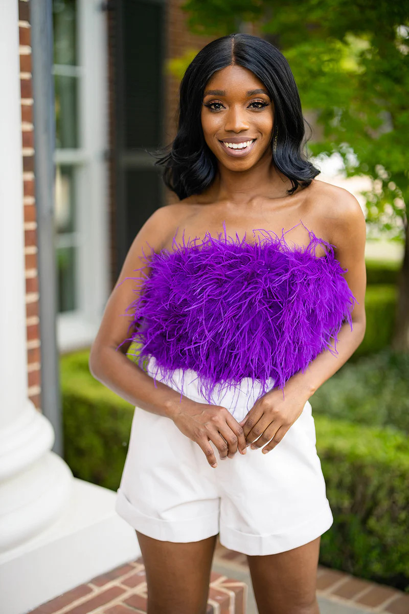 BuddyLove | Fancy Strapless Feather Crop Top | Purple | BuddyLove