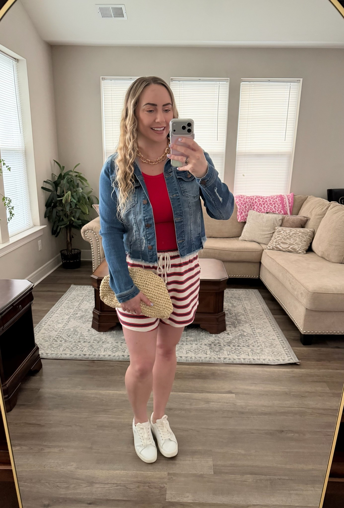 This might be one of my favorite easy spring outfits yet. Lightweight striped shorts, a pop of red, and a denim jacket for when it cools down. Perfect for BBQs, beach nights, fireworks, or casual weekend plans plus Memorial Day is coming! 

@Target 


#LTKootd #LTKSeasonal #LTKTall