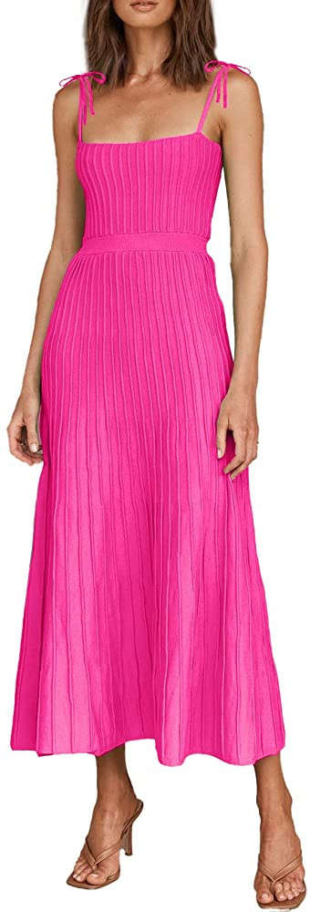 ARTFREE Womens Ribbed Knit Summer Maxi Dresses Tie Straps Square Neck Party Long Dress | Amazon (US)