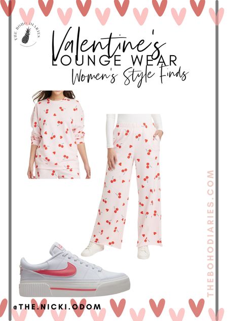Women’s Valentine’s Day Lounge Style with cherries and the cutest matching set and perfect sneakers to highlight the red and pink of the season! Valentine’s Day outfit | Valentine’s pajamas | Valentine’s Day outfit 

#LTKfindsunder50 #LTKMostLoved #LTKmidsize