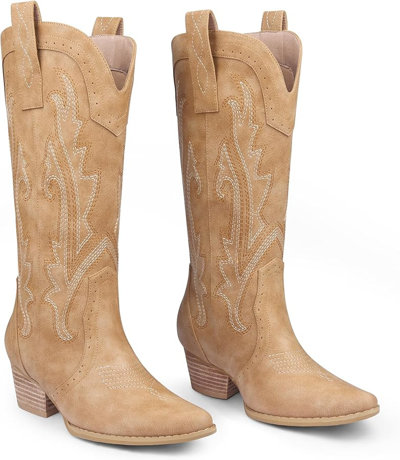 Zzheels Women Mid-calf Cowboy Boots Pointy Toe Boot Embroidered Western Cowgirl Boots Chunky Heel... | Amazon (US)