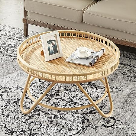 FINECASA Round Rattan Coffee Table,Wicker Boho Hand-Woven Top, Modern Unique Farmhouse Tray Top C... | Amazon (US)