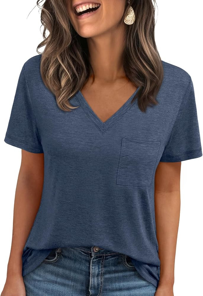 AUTOMET T Shirts for Women Short Sleeve Shirts V Neck Plus Size Summer Tops Casual Beach Vacation... | Amazon (US)