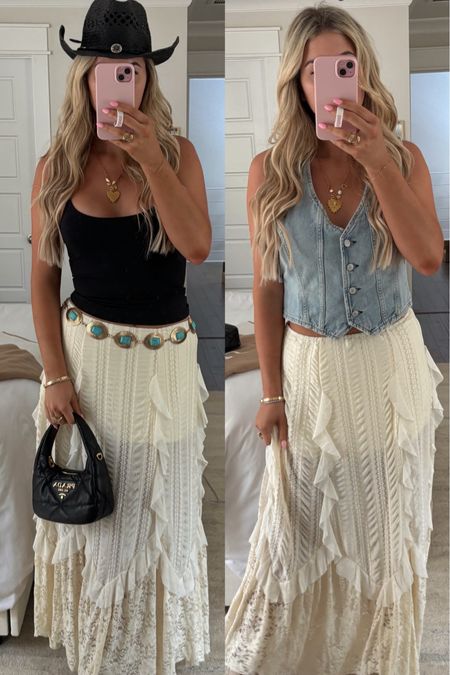 Wearing a medium in everything! 

Country concert outfit ideas
Same skirt two ways 
Western style skirt

#LTKStyleTip #LTKFindsUnder100