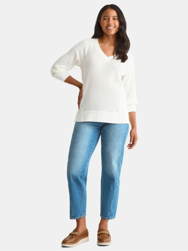 Time and Tru Women's V Neck Tunic Sweatshirt with Long Sleeves, Sizes XS-XXXL | Walmart (US)