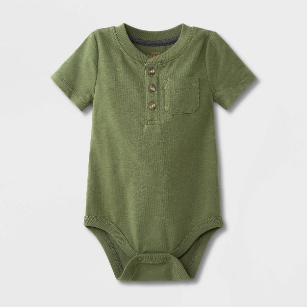 Baby Boys' Henley Jersey Pocket Short Sleeve Bodysuit - Cat & Jack™ Olive Green/Gray | Target