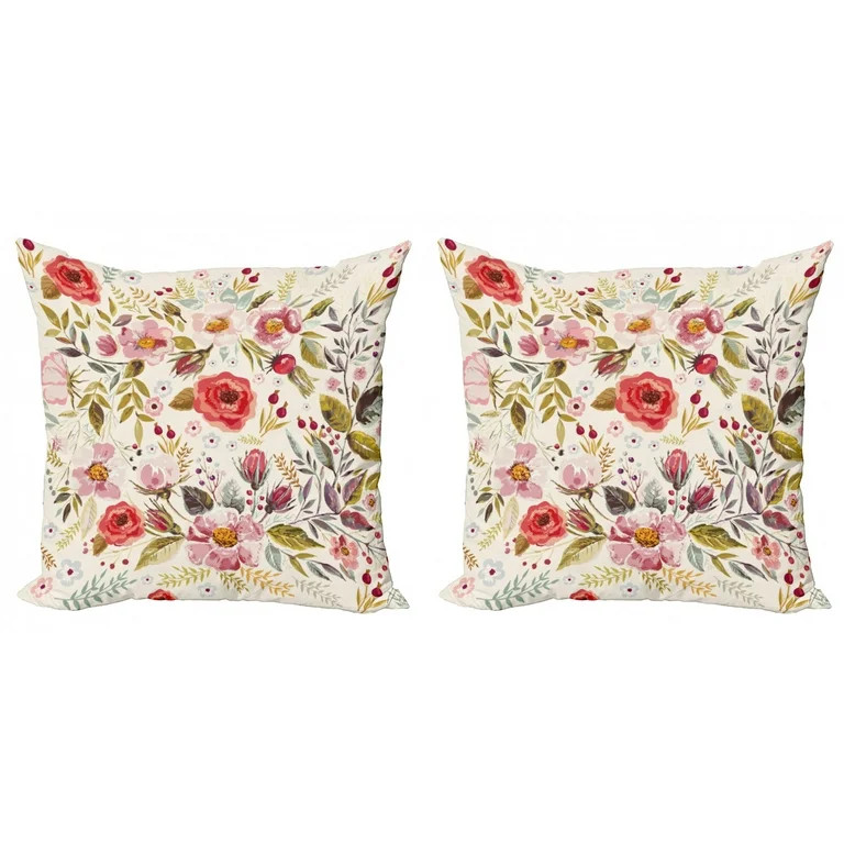 Floral Throw Pillow Cushion Cover Pack of 2, Hand Drawn Watercolor Style Flowers Roses Blooms Lea... | Walmart (US)