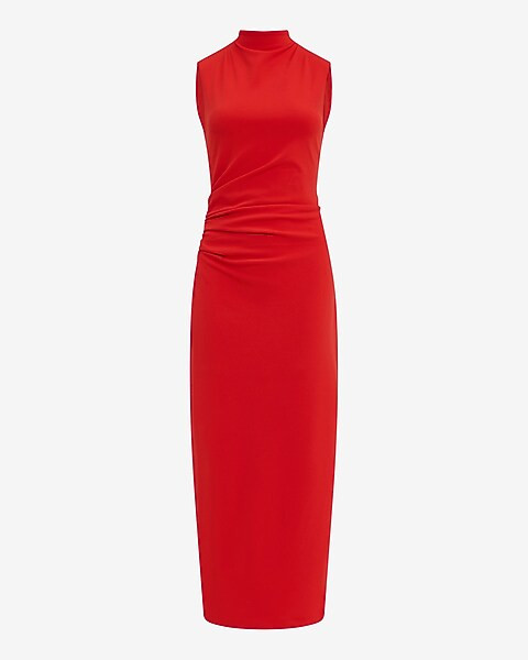 Crepe Mock Neck Sleeveless Ruched Maxi Sheath Dress | Express