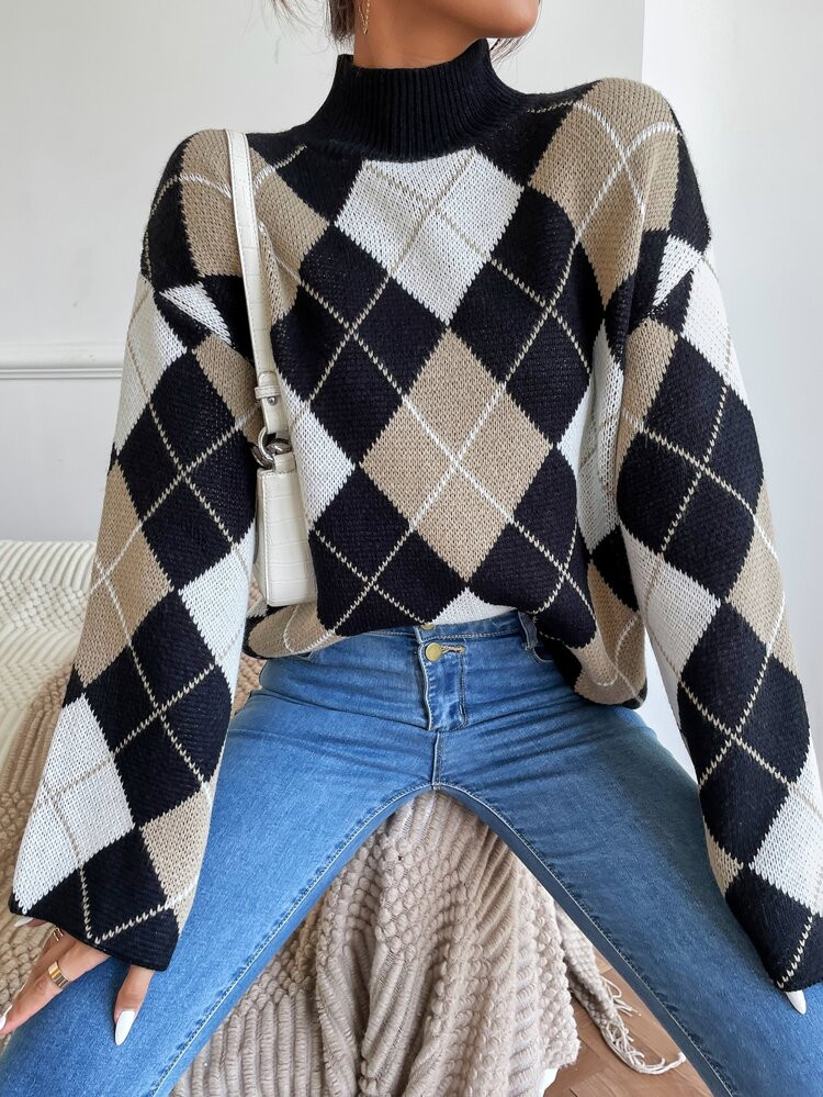 High Neck Argyle Pattern Drop Shoulder Sweater | SHEIN