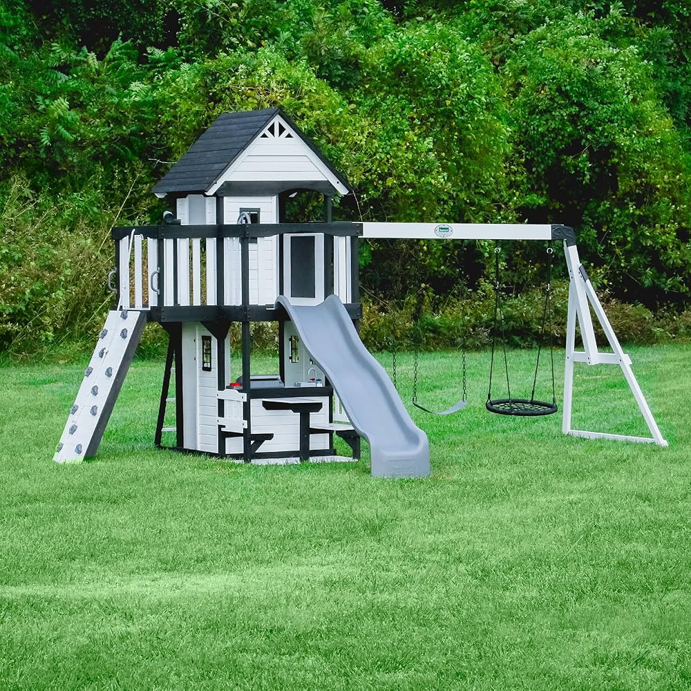 Backyard Discovery Canyon Creek All Cedar Wood Swing Set-White w/Grey Wave Slide, Playhouse w/Grill, Plastic Food, Picnic Area, Steering Wheel, Two Belt Swings, Rock Climbing Wall, Balcony, Web Swing | Amazon (US)