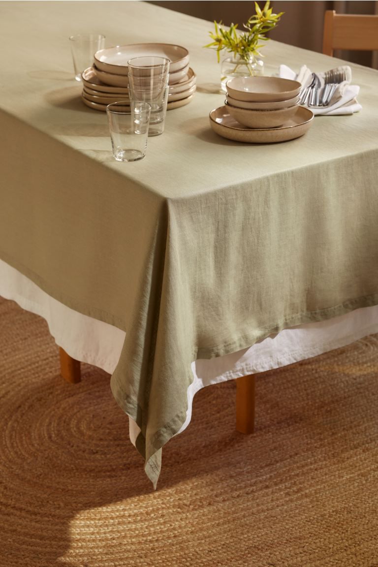 Washed Linen Tablecloth - Light khaki green - Home All | H&M US | H&M (US + CA)