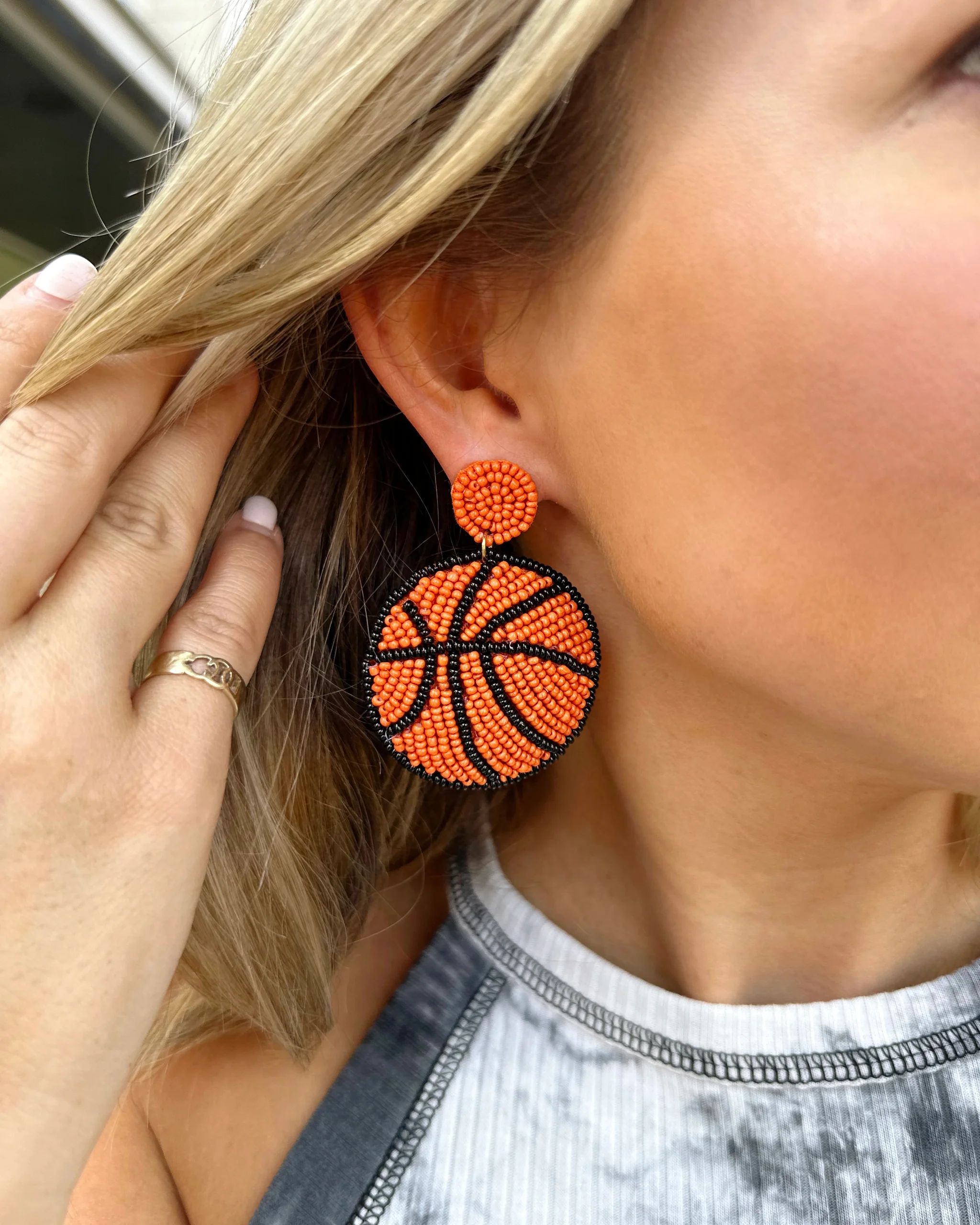 Round Beaded Basketball Orange/Black Earrings | Live Love Gameday®