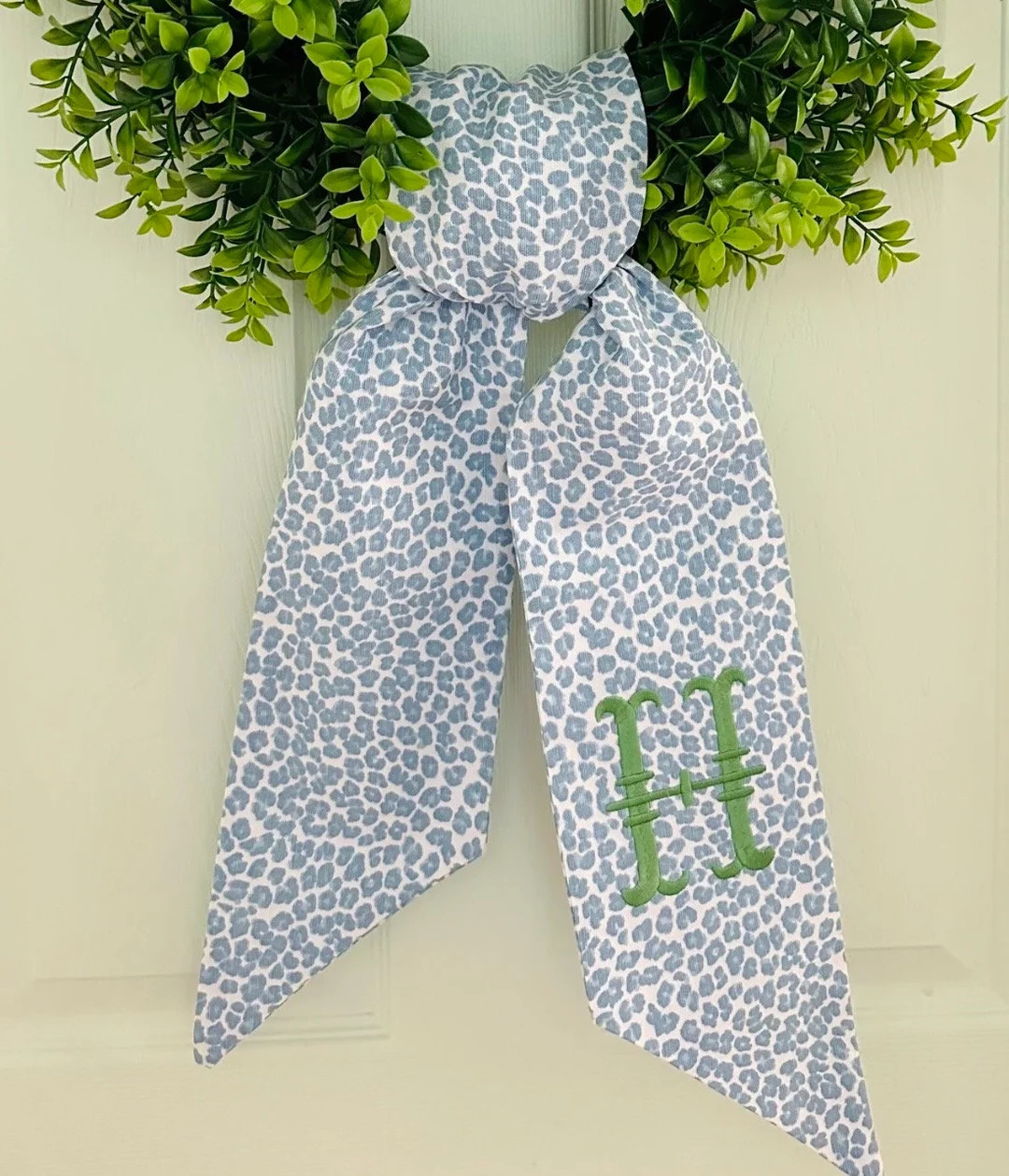 Monogram Chinoiserie Blue Leopard Wreath Sash for Front Door, Personalized Embroidered Spring Wre... | Etsy (US)