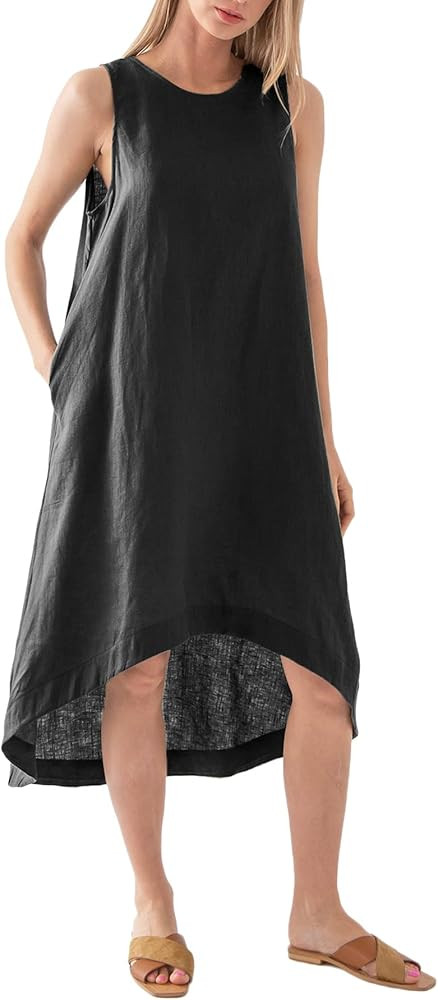 Amazhiyu Women’s 100% Linen High Low Midi Dress with Pockets for Summer Casual Flowy Dresses | Amazon (US)