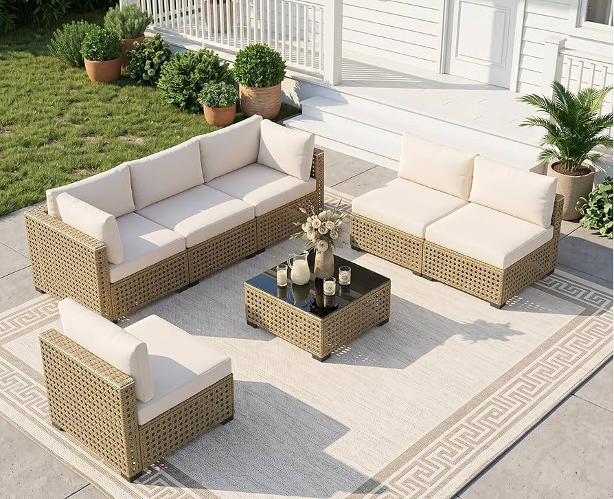 LOUVIXA 7 Piece Outdoor Patio Furniture Set, Outdoor Sectional Sofa, Wicker Rattan Patio Furnitur... | Amazon (US)