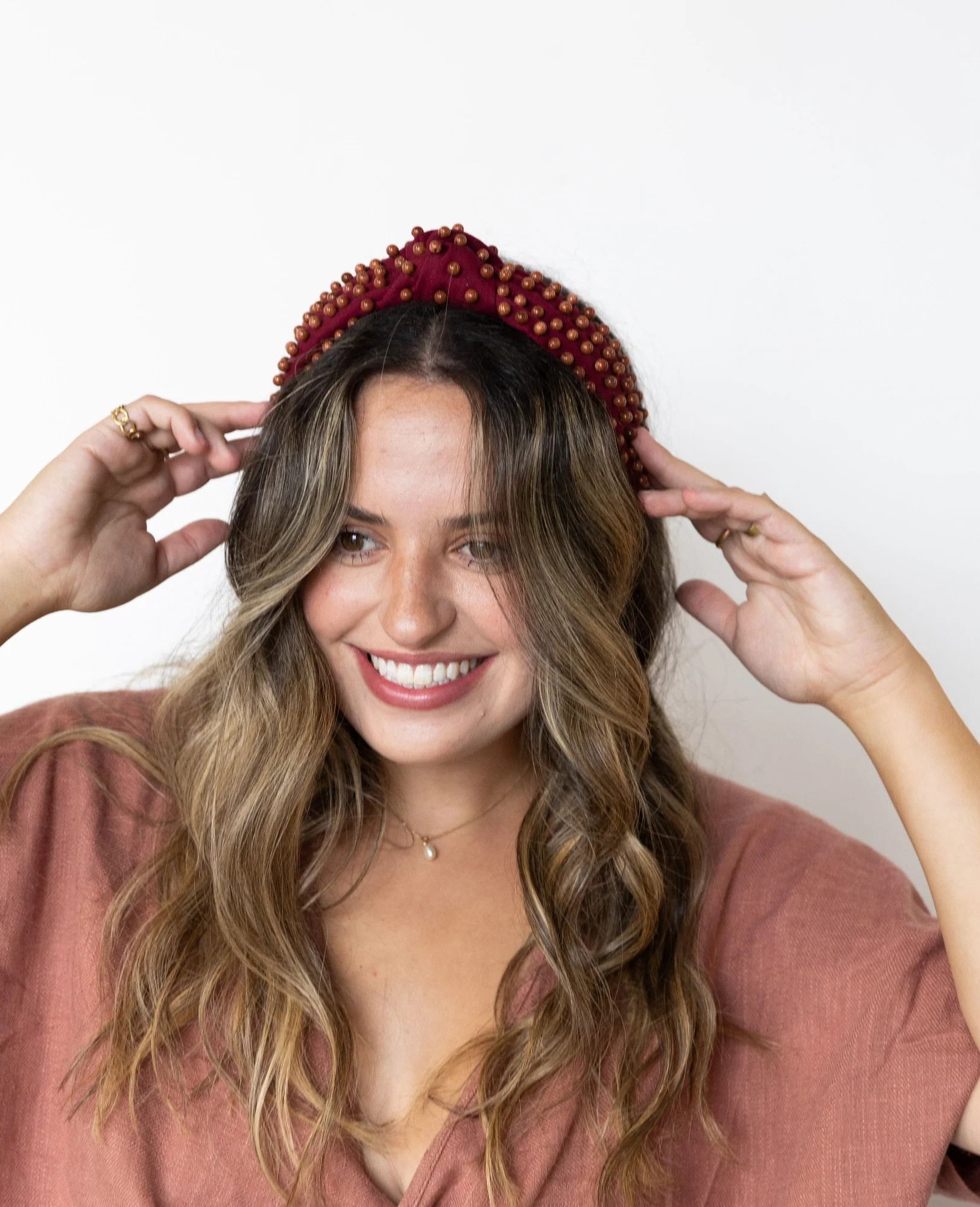 Maroon Canvas & Golden Orange Sandstone Beaded Headband | La Bella Shop