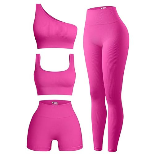OIERD 4 Piece Workout Sets For Women Ribbed Leggings Clothes Yoga Sets Active Wear Cute Matching Work Out Sets Gym Pilates Outfits For Women Set Purple Red,L | Amazon (US)
