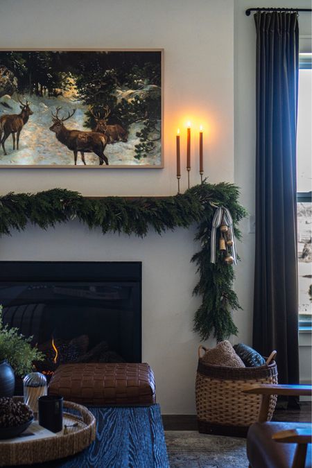 Mantle decor, home decor, Christmas decor, frame TV art, basket, candle, ottoman 

#LTKHoliday #LTKhome #LTKSeasonal