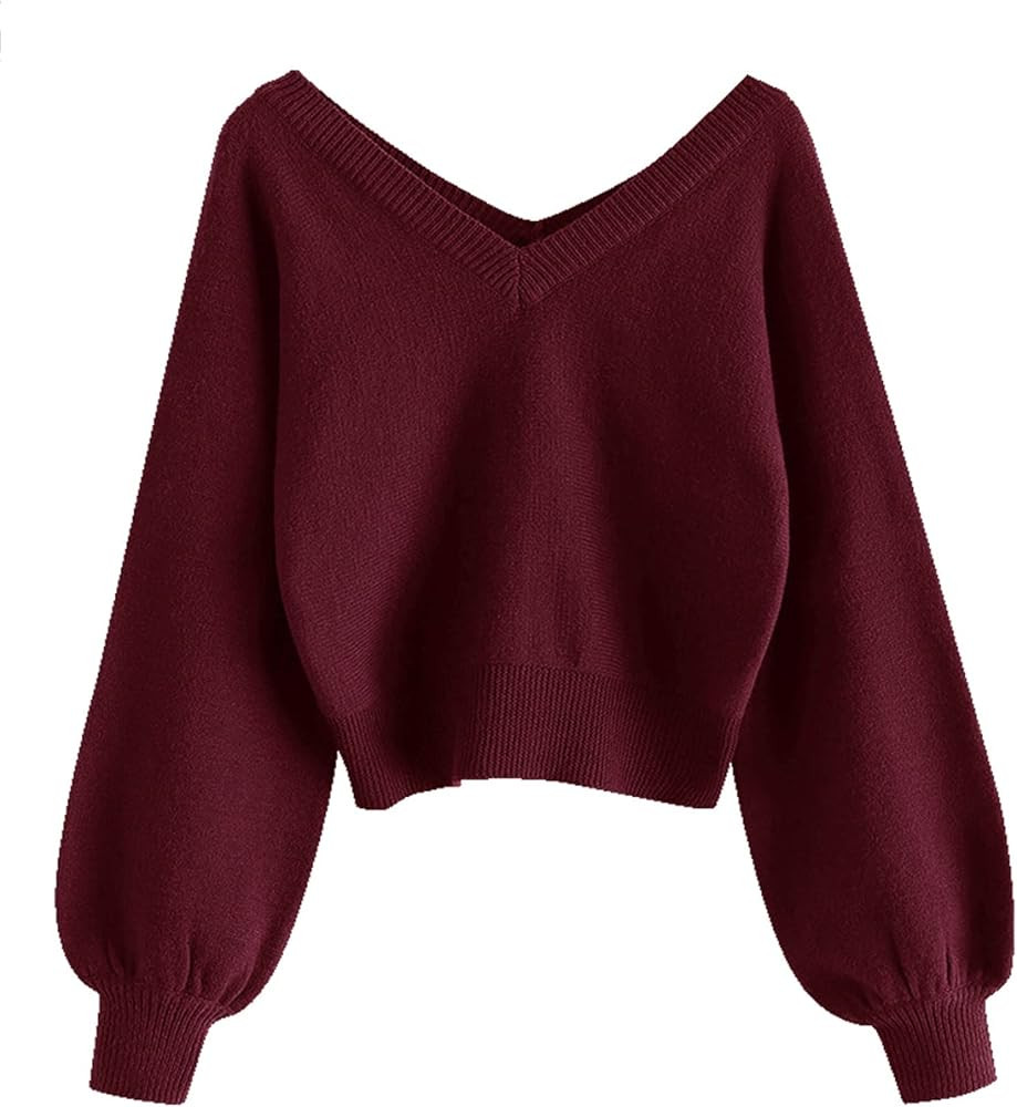 ZAFUL Women's Cropped Sweater V-Neck Long Sleeve Crop Sweater Pullover Jumper Knit Top | Amazon (US)
