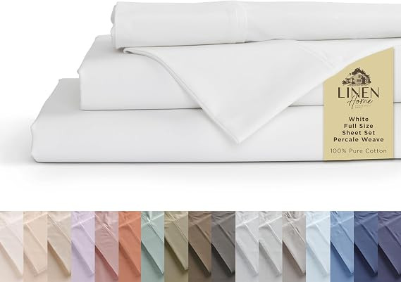 Linen Home 100% Cotton Percale Sheets Full Size, White, Deep Pocket, 4 Pieces Set - 1 Flat, 1 Dee... | Amazon (US)