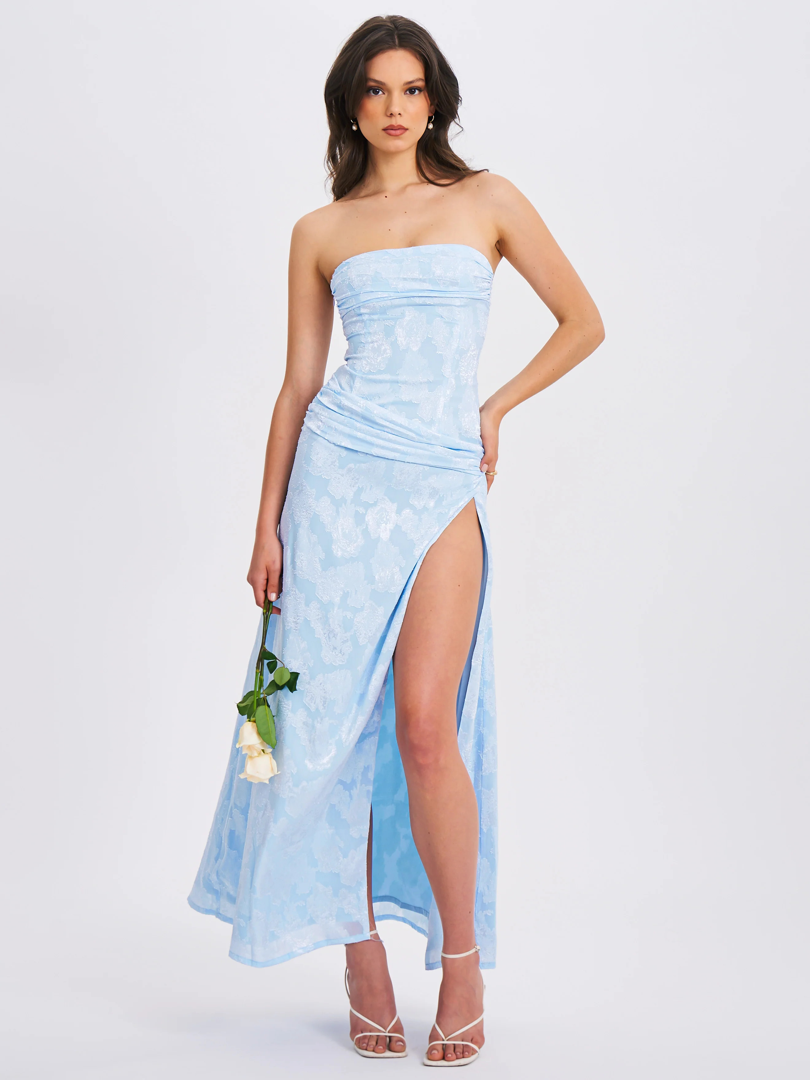 Xatia Baby Blue Jacquard Textured High Slit Maxi Dress | Miss Circle