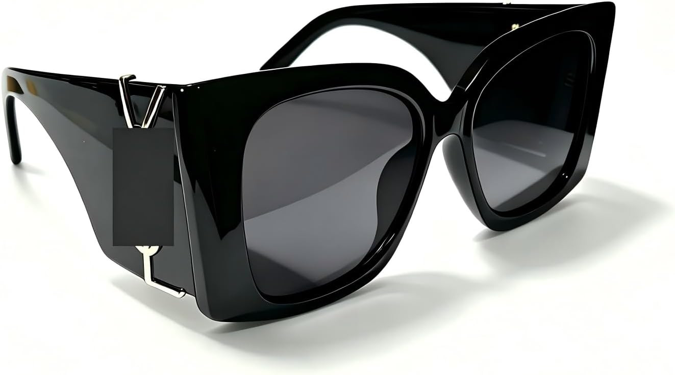 Oversized Square Sunglasses, Black Frame with Gold Accent Temple | Amazon (US)
