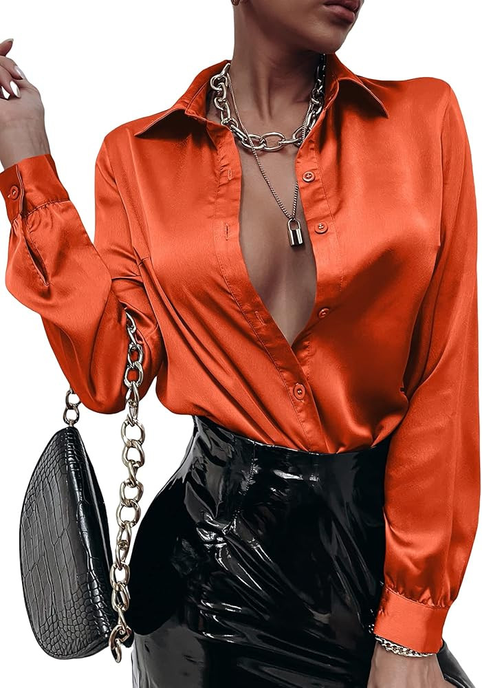 MakeMeChic Women's Satin Silk Long Sleeve Blouse Button Down Shirt Casual Top | Amazon (US)