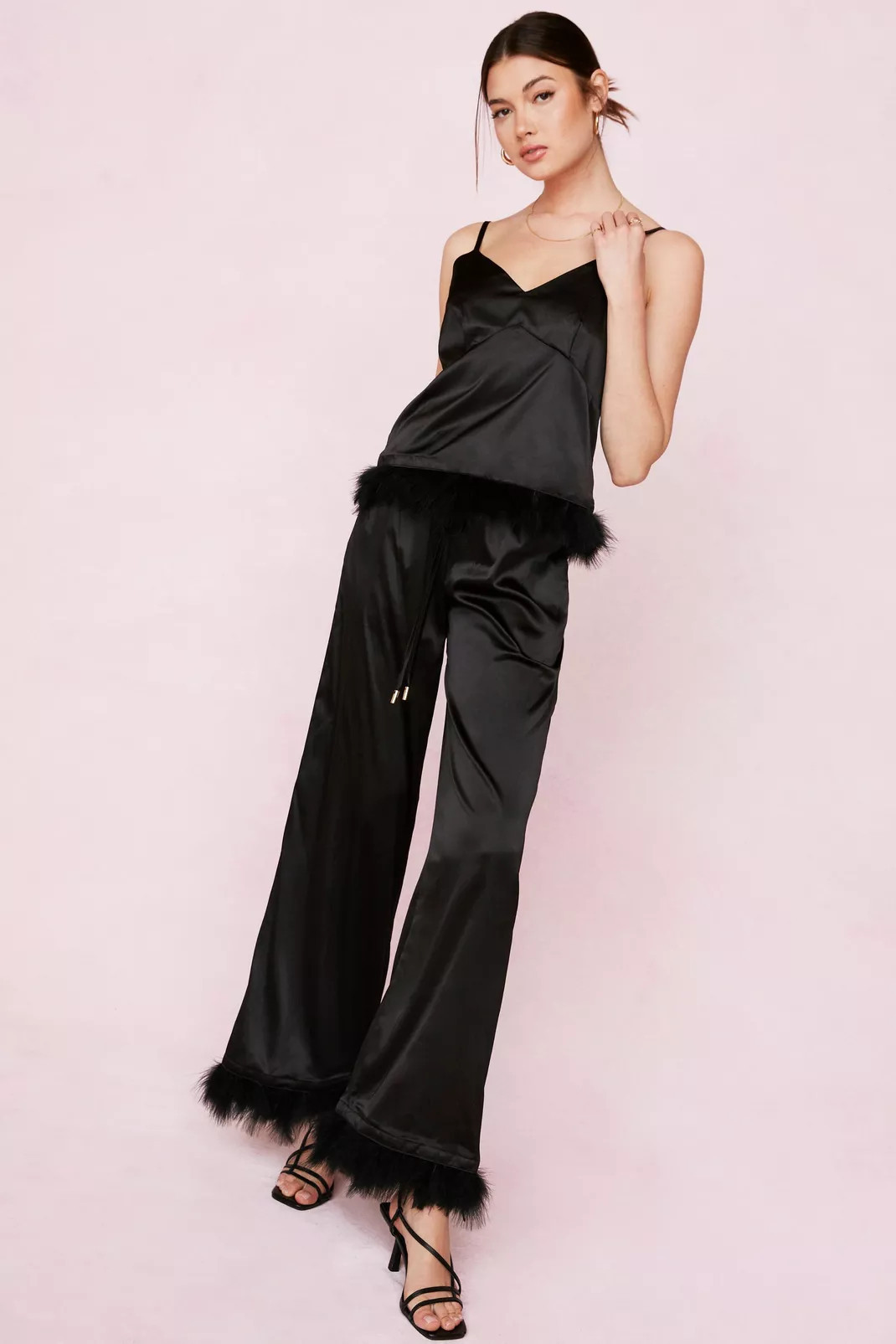 Satin Feather Pajama Cami Top and Pants Set | Nasty Gal (US)