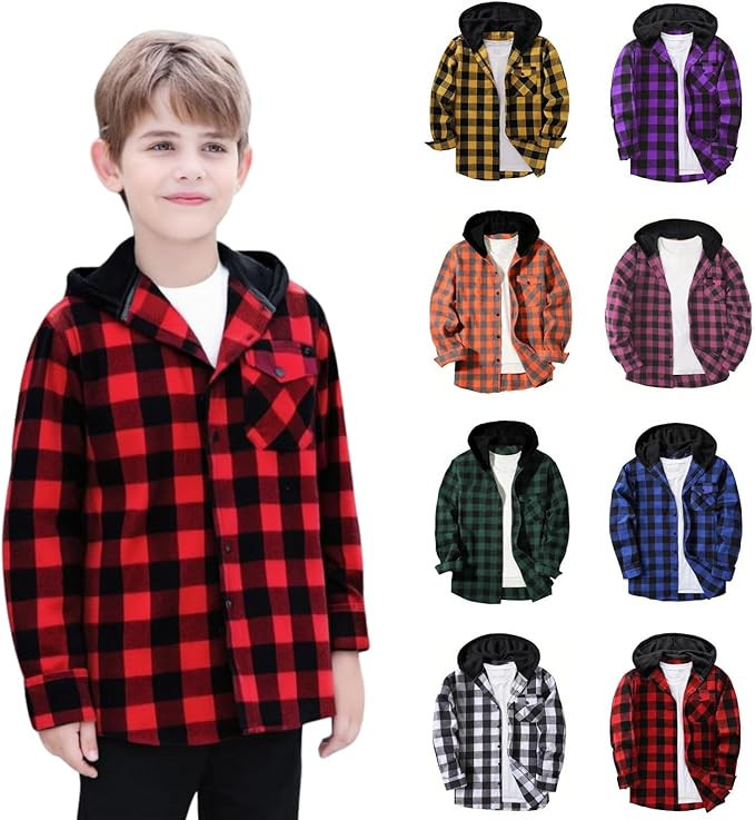 Boys Flannel Plaid Shirts 2025 Fall Fashion Button Down Hoodies Kids Casual Long Sleeve Hooded Sh... | Amazon (US)