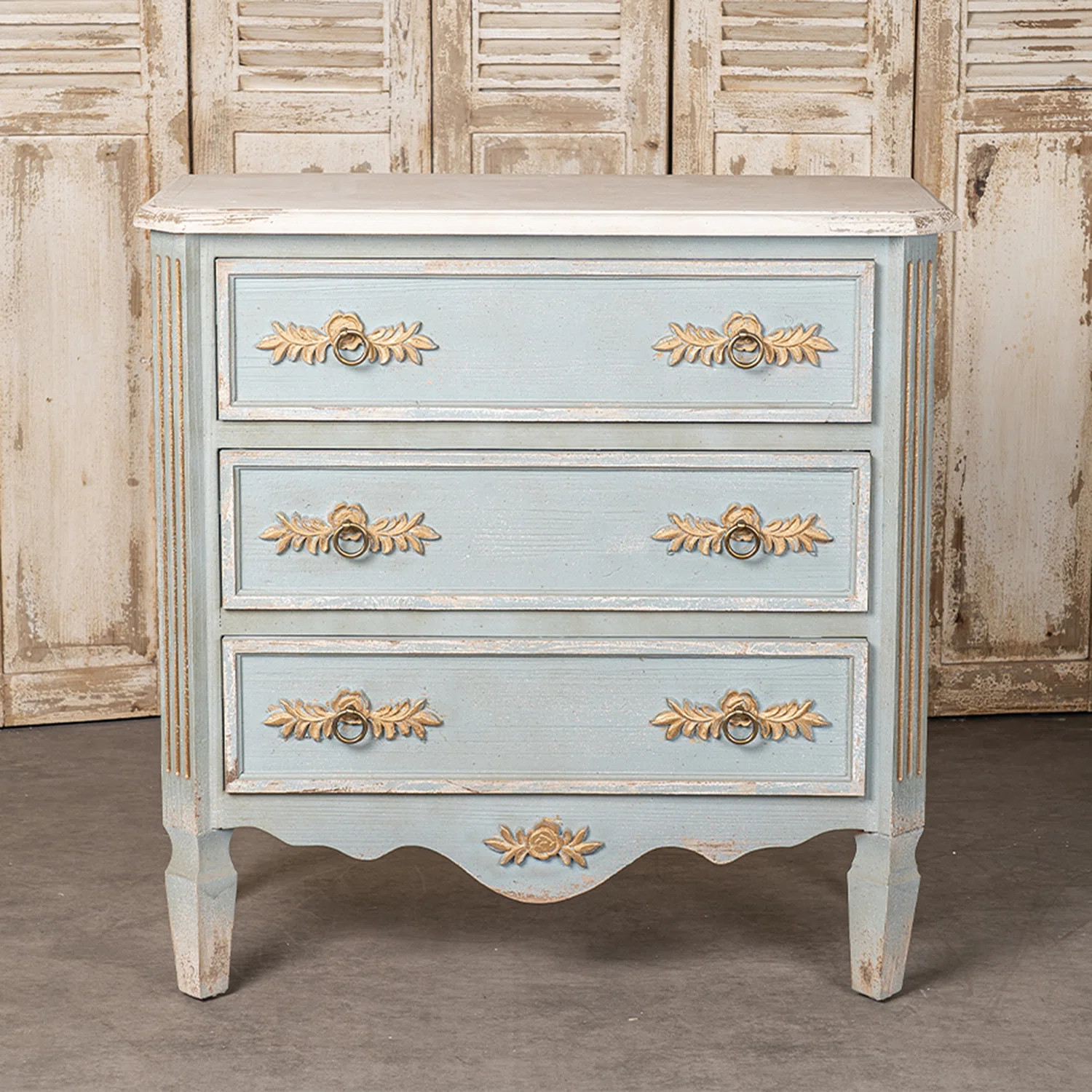 Charming Blue And Gold 3-drawer Chest With Floral Accents And Distressed Finish, Vintage Style Fu... | Wayfair North America
