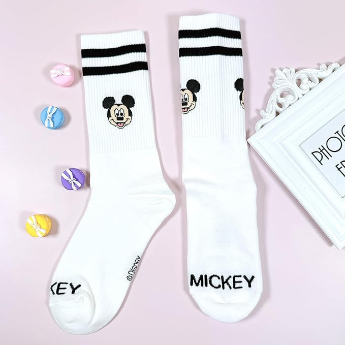 Mickey Mouse Crew Socks Collection, Multi Pairs, Athletic Striped Design, White Black Pink Beige | Amazon (US)
