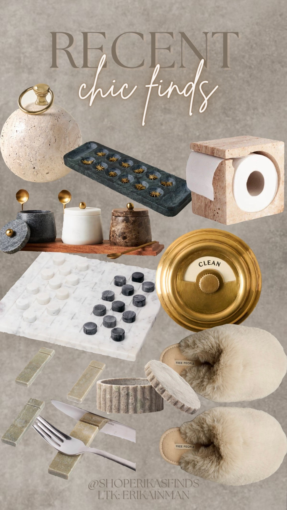 Recent chic finds 🤍✨

Home decor lifestyle marble stone living room sitting room lux luxury style free people fur slippers bathroom kitchen dining table organization stone containers marble checkers doorstop toilet paper holder

#LTKStyleTip #LTKHome