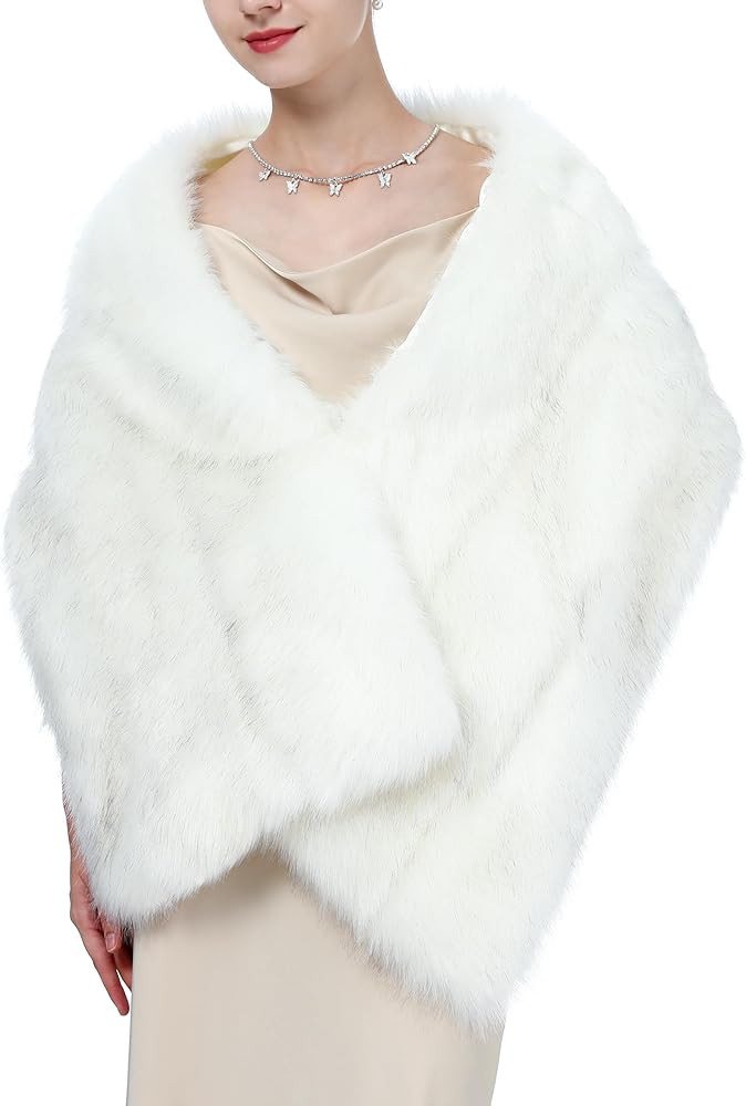 LA CARRIE Women Wedding Faux Fur Long Shawl Bridal Cape Party Stole Winter Scarf Soft Cover Up Sh... | Amazon (US)