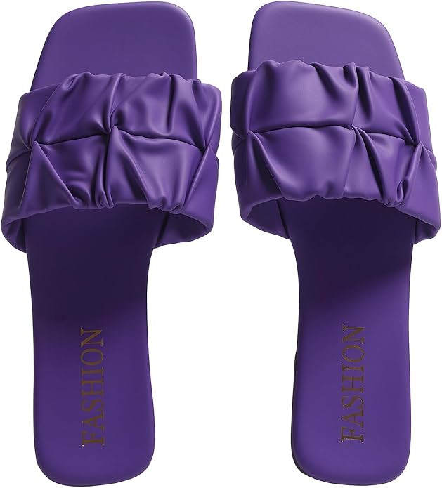 Women's Pleated Square Toe Slide Sandals, Trendy Flat Sandals with Open Toe, Lightweight Summer S... | Amazon (US)