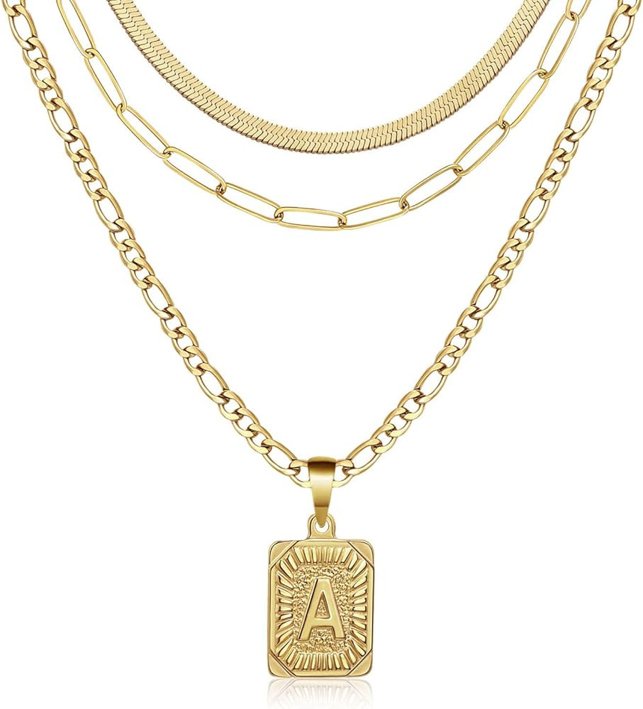 Honsny Gold Layered Initial Necklaces for Women, 14K Gold Plated Dainty Square Letter A-Z Pendant... | Amazon (US)