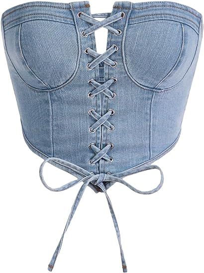 SOLY HUX Women's Lace Up Denim Tube Tops Strapless Sleeveless Sexy Bandeau Crop Tops | Amazon (US)