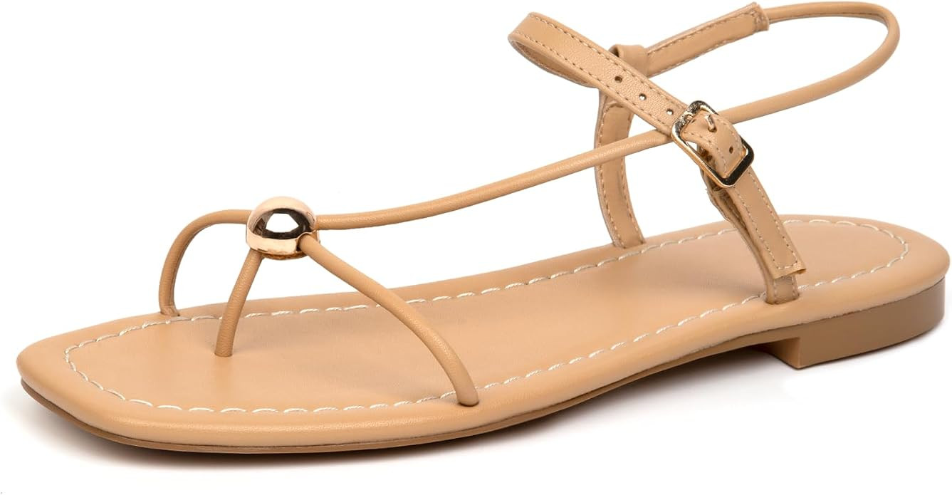Rope Flat Sandals for Women Lace Up Open Square Toe Thong Sandals Adjustable Ankle Strap Summer B... | Amazon (US)