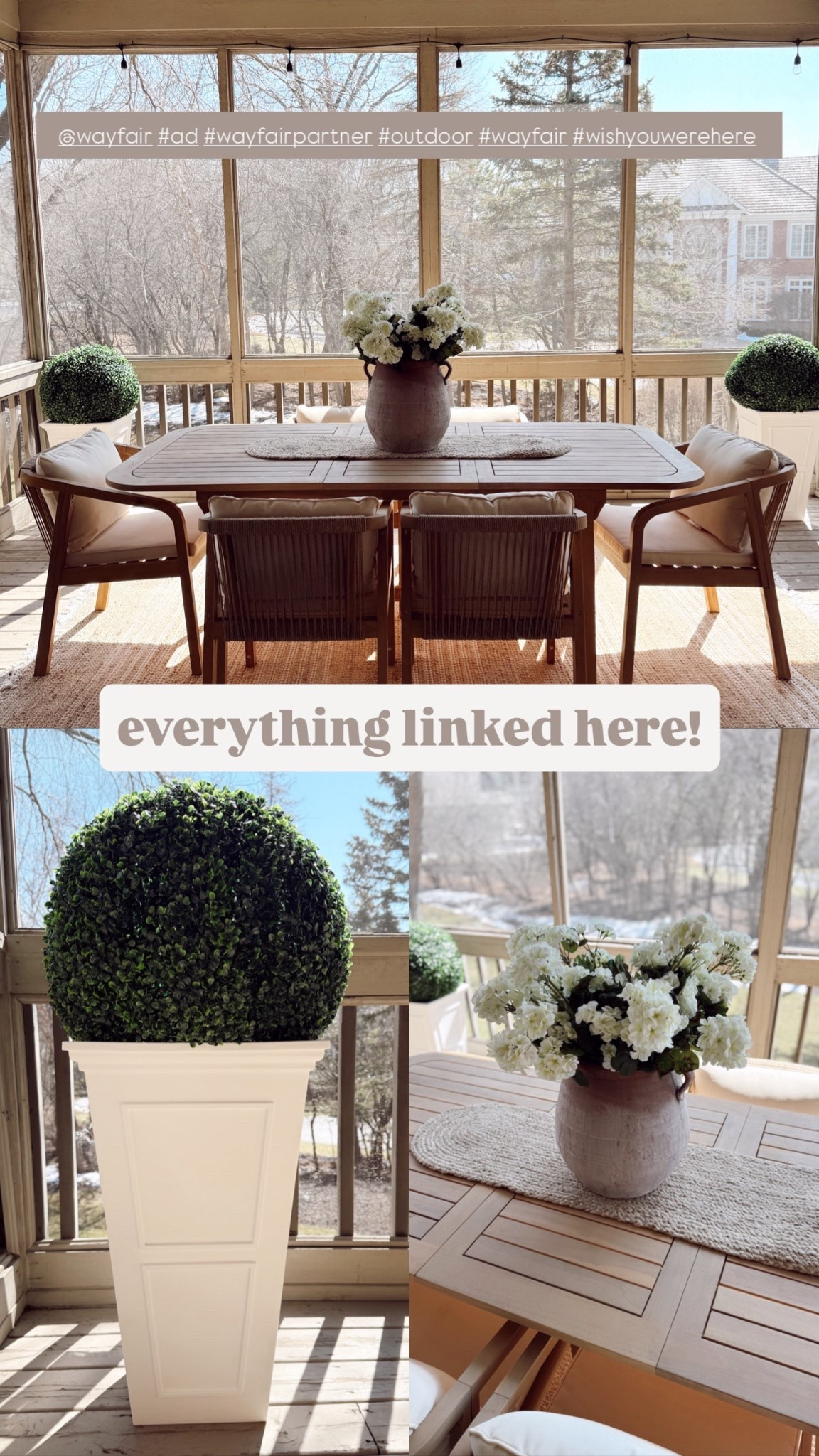 
#ad the snow is melting away and spring is here!! 🌷prepping my outdoor screened deck for spring and summer with @wayfair finds! I’m so excited to get to enjoy this outdoor space with my boys, we just love eating out here. 🥹
here’s the Wayfair home finds I am loving:
+ white planters
+ Large jug vase
+ Faux flowers
+ faux topiary balls
+ jute oval table runner
+ my dining set is also from Wayfair! 🤯🙌🏼

 #wayfairpartner #wishyouwerehere #outdoor #wayfair 

#LTKHome #LTKSeasonal