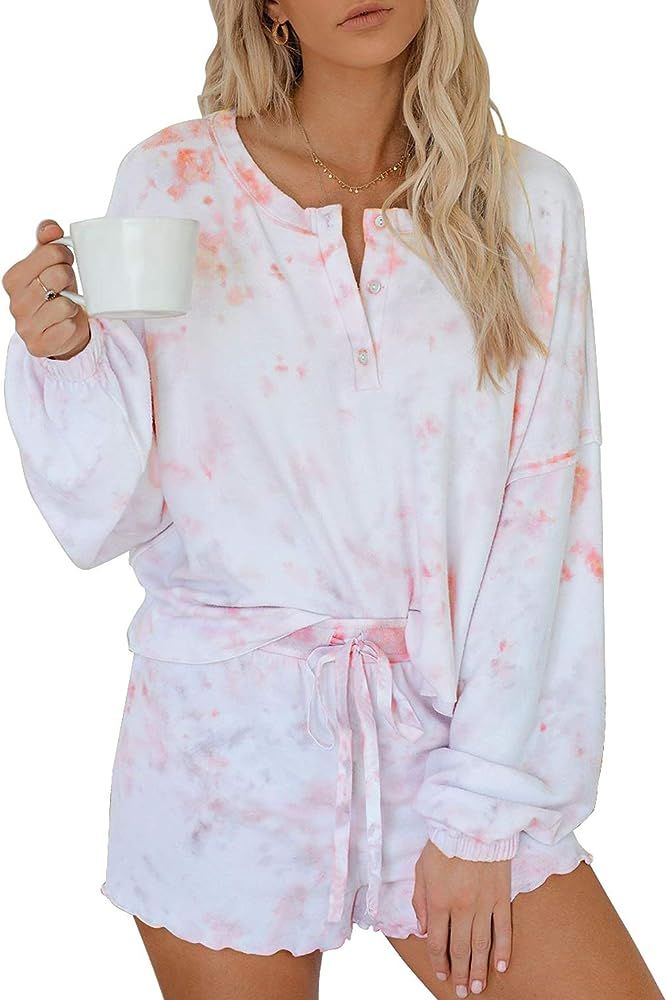 Womens Tie Dye Printed Ruffle Short Lounge Set Long Sleeve Tops and Shorts 2 Piece Pajamas Set Sl... | Amazon (US)