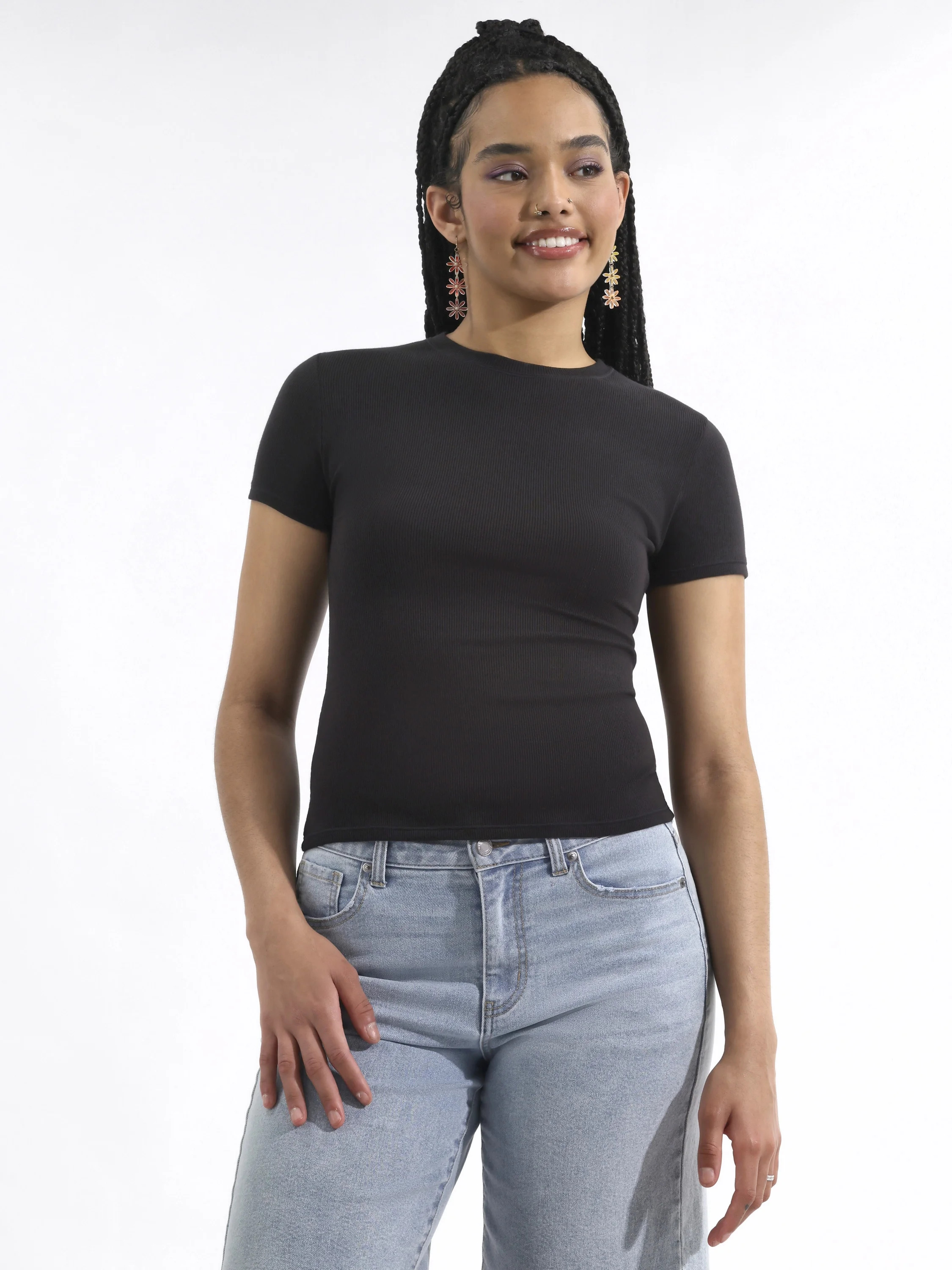 No Boundaries Women's Cotton Rib Short Sleeve Tee Shirt, Sizes XS-3XL | Walmart (US)
