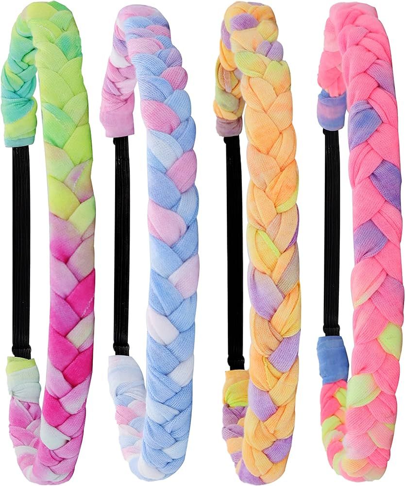 FROG SAC 4 Adjustable Braided Headbands for Girls, Rainbow Tie Dye Braid Hair Bands for Kids, Cut... | Amazon (US)