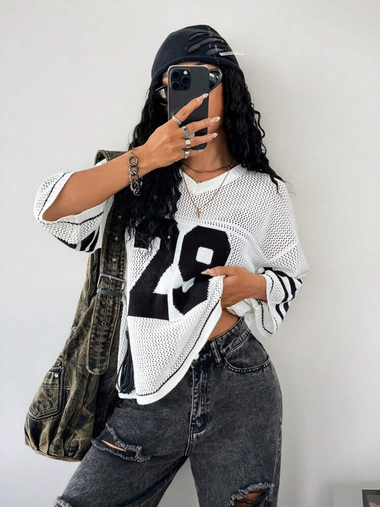 Coolane Girls Knit Striped & Number Printed 3/4 Sleeve Oversized Jersey Cover Up Sweater,Hallowee... | SHEIN