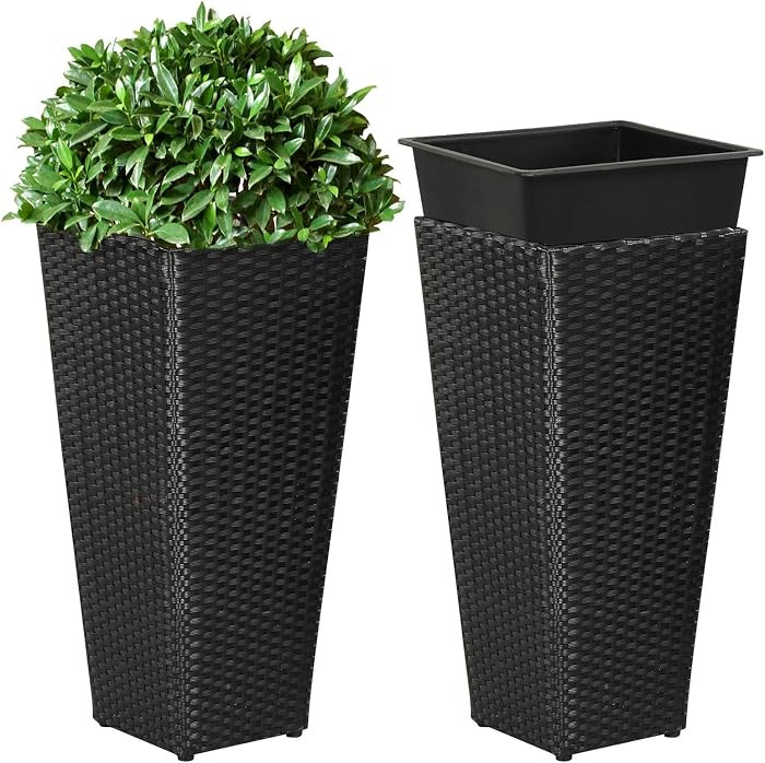 GIANTEX Tall Planters Set of 2, 24\u201dH Tapered Rattan Planter, Black | Amazon (US)