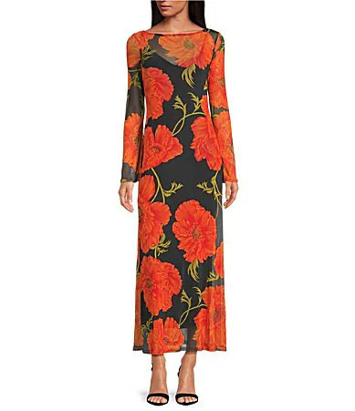 Never Fully Dressed Aria Poppy Floral Print Mesh Crew Neck Long Sleeve Maxi Dress - 6 | Dillard's