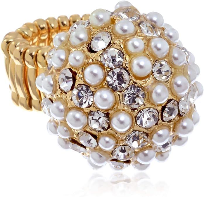 PammyJ Large Imitation Pearl and Clear Crystal Statement Stretch Ring | Amazon (US)