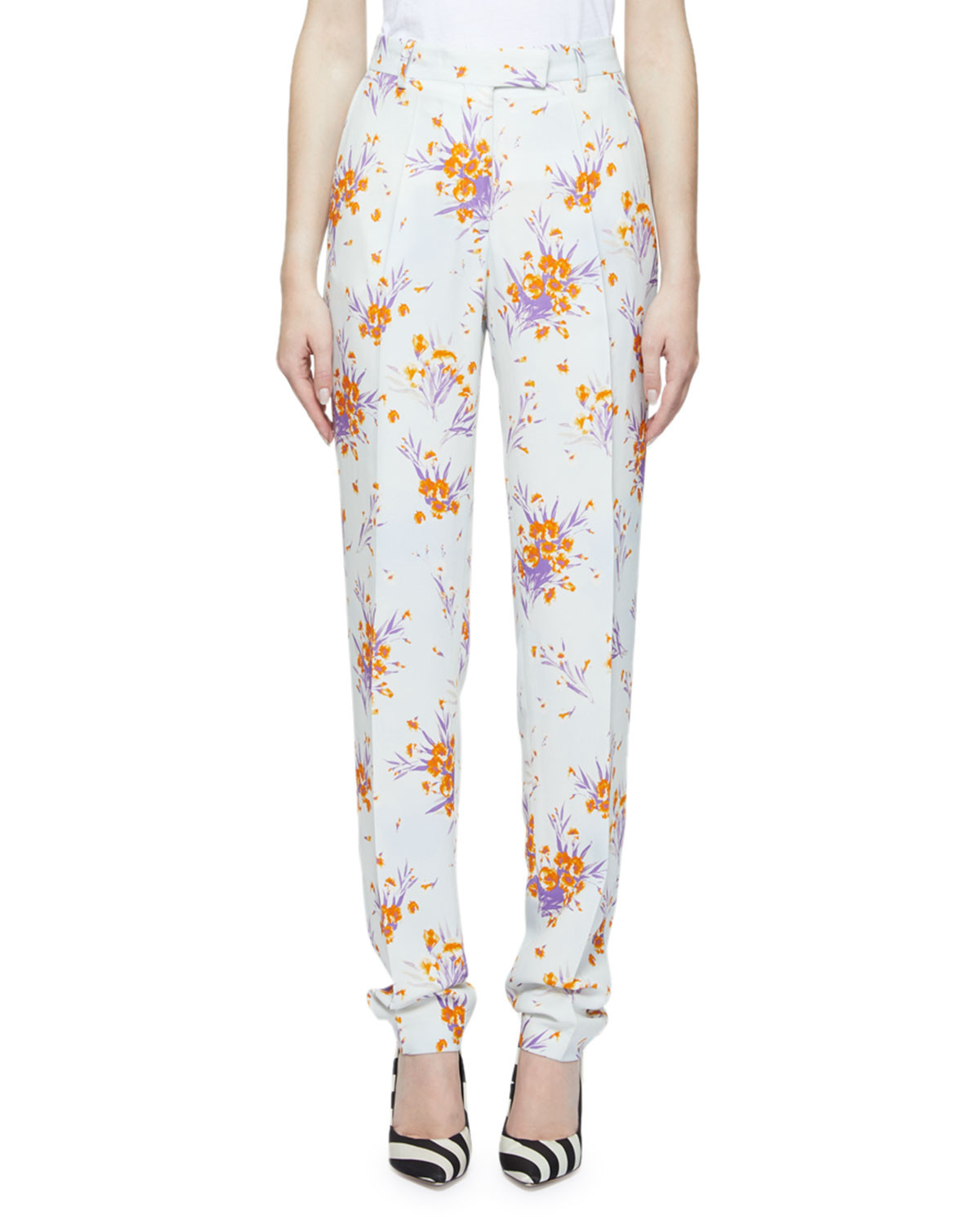 Small Flower-Print Clean Straight-Leg Longer Length Trousers | Neiman Marcus
