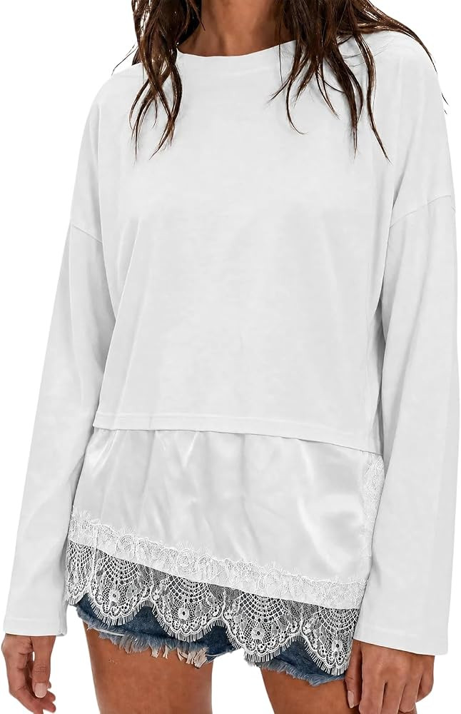 Tankaneo Womens Long Sleeve Lace Trim Tops Fall Asymmetrical Tunic Shirts | Amazon (US)